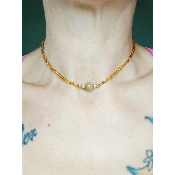 Dainty Amazonite Gemstone Beaded Choker Necklace, Minimalist Crystal Jewelry 13" - Picture 4 of 5